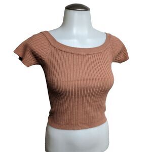 Forever 21 Top Women Medium Crop Ribbed Shirt Boat Neck Short Sleeves Coral M